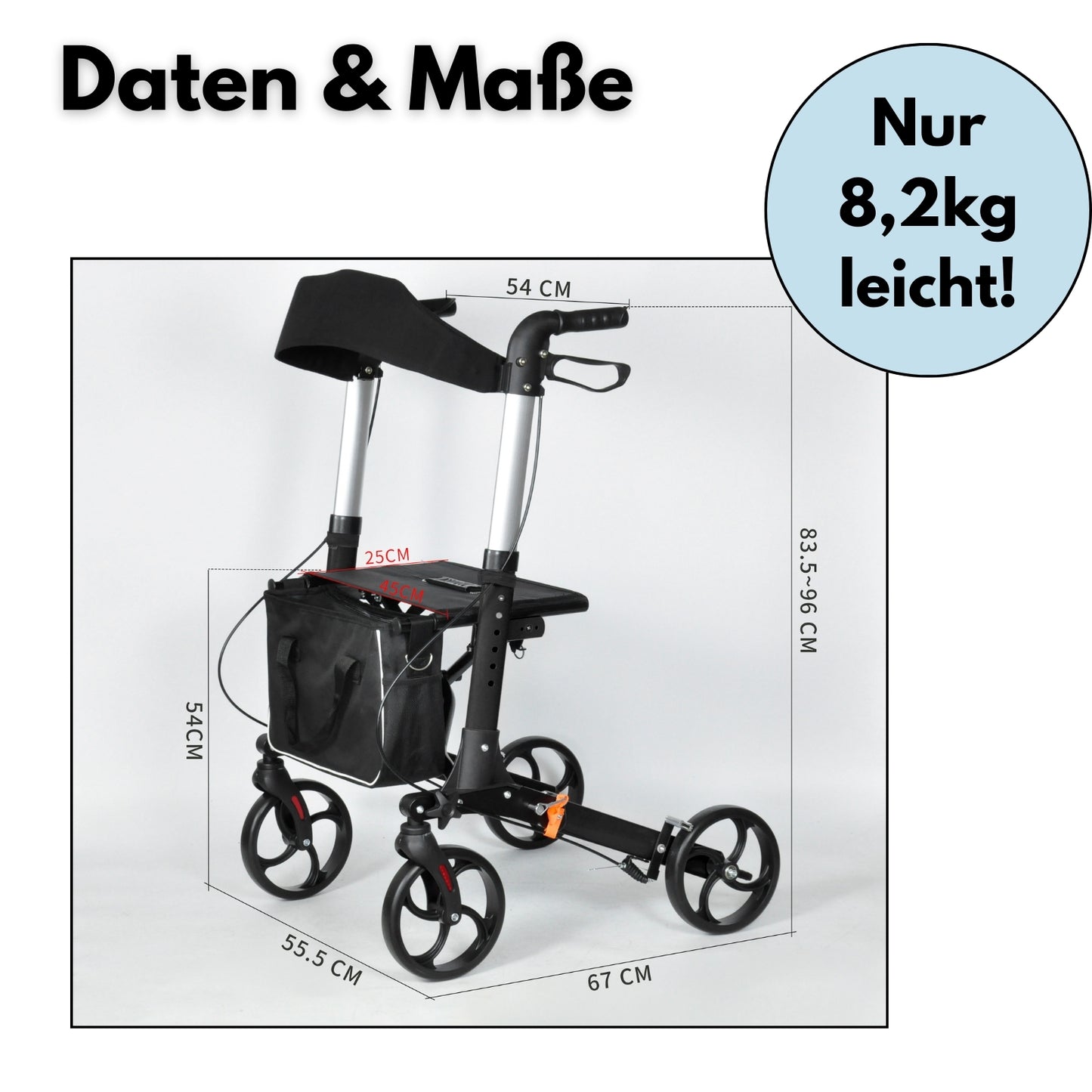 DIVID® Rollator aus Aluminium in 3 Farben 1002 B, Leichtgewicht ideal für Reisen, klappbar, Höhenverstellbar, Gehwagen,Gehhilfe, Praktische Tragetasche, Reflektoren