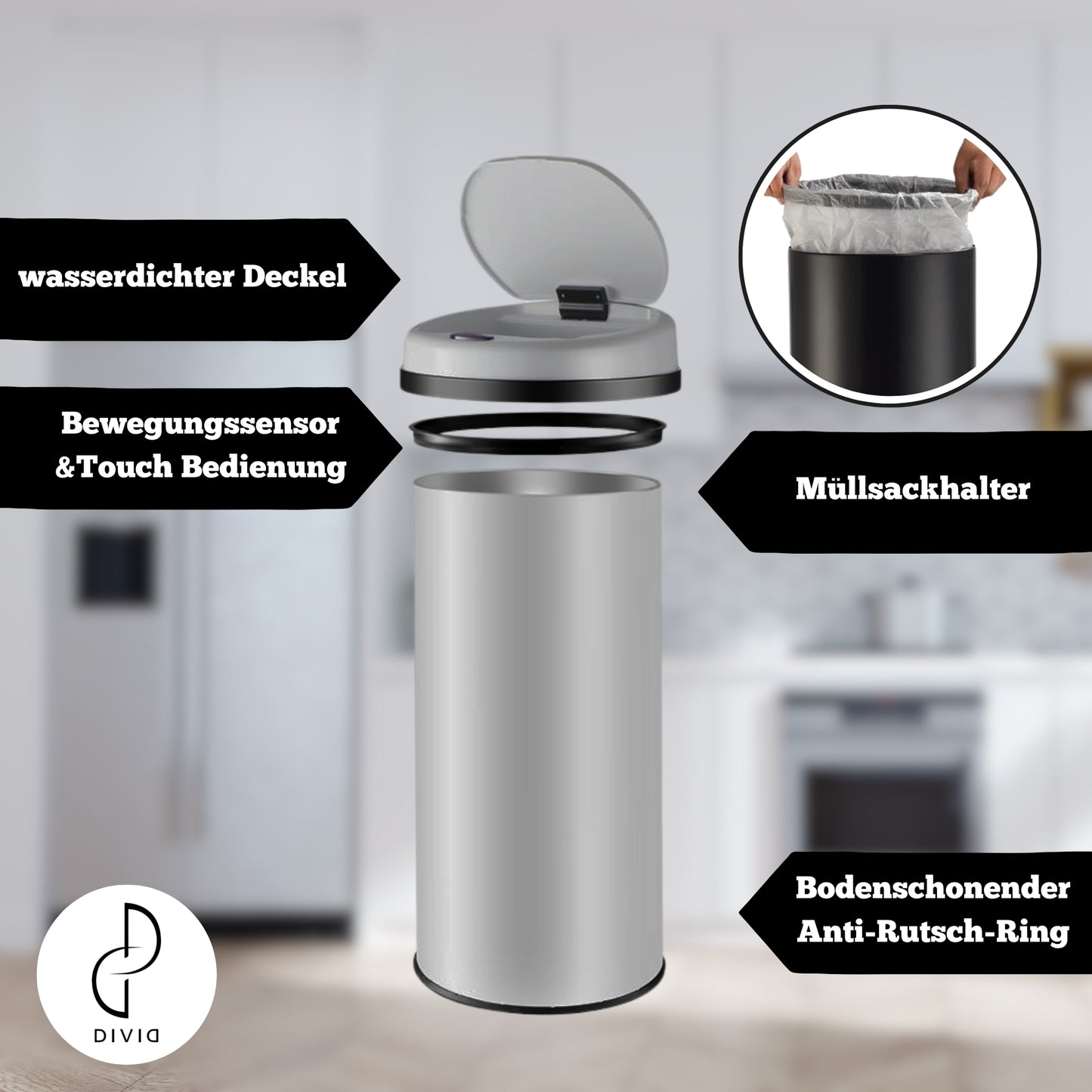 DIVID® Sensor Mülleimer Küche 30L, 40L & 50L | Elektrischer Abfallbehälter | Müllbeutel Klemmring | Bewegungserkennung | Automatisch schließender Deckel | Auslaufschutz | Küchenmülleimer