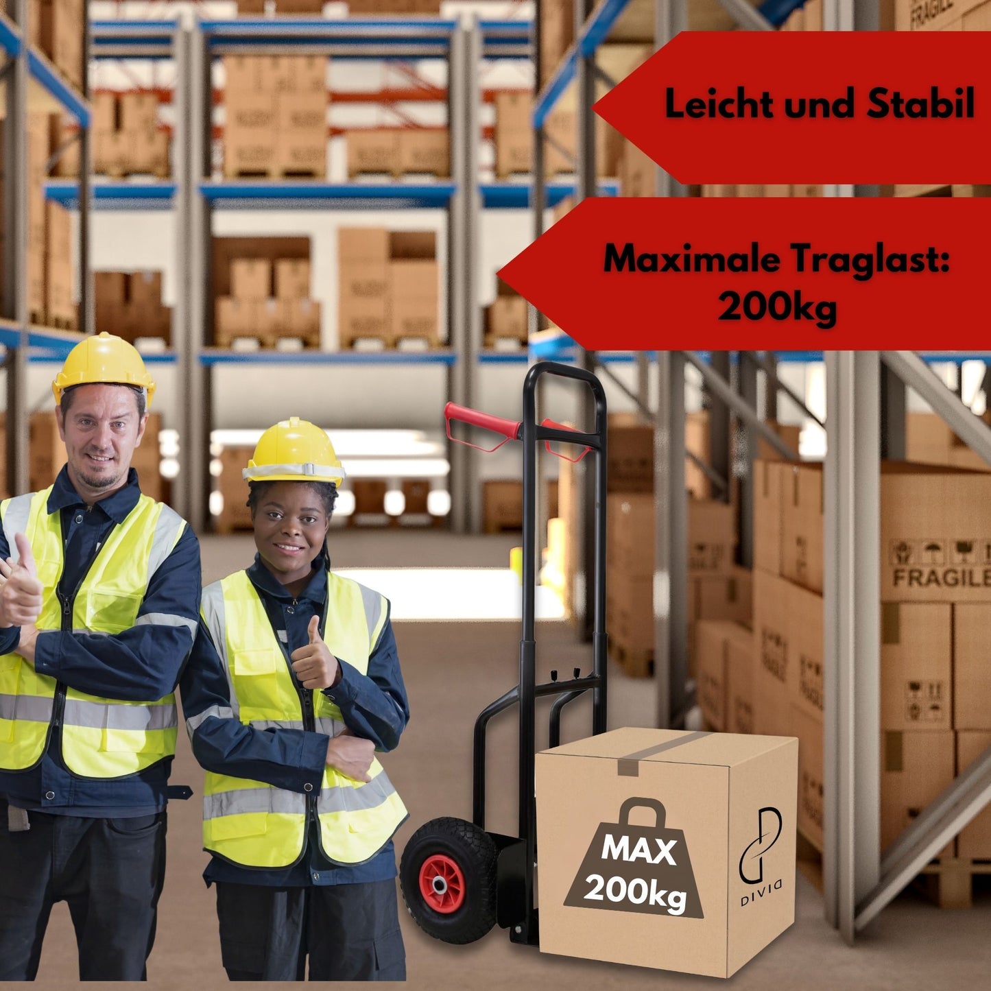 DIVID® Klappbare Sackkarre max. 200Kg, Stahl, ergonomisch Transporter für Umzüge, Lager und Einkäufe