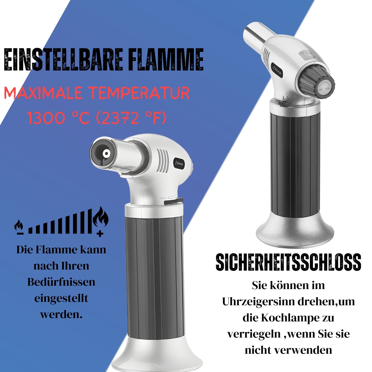 DIVID® Bunsenbrenner| Küchenbrenner| Flambierbrenner für Dessert| Créme Brulee brenner| Lötbrenner mit Sicherheitsschloss| Küche,Camping,Outdoor