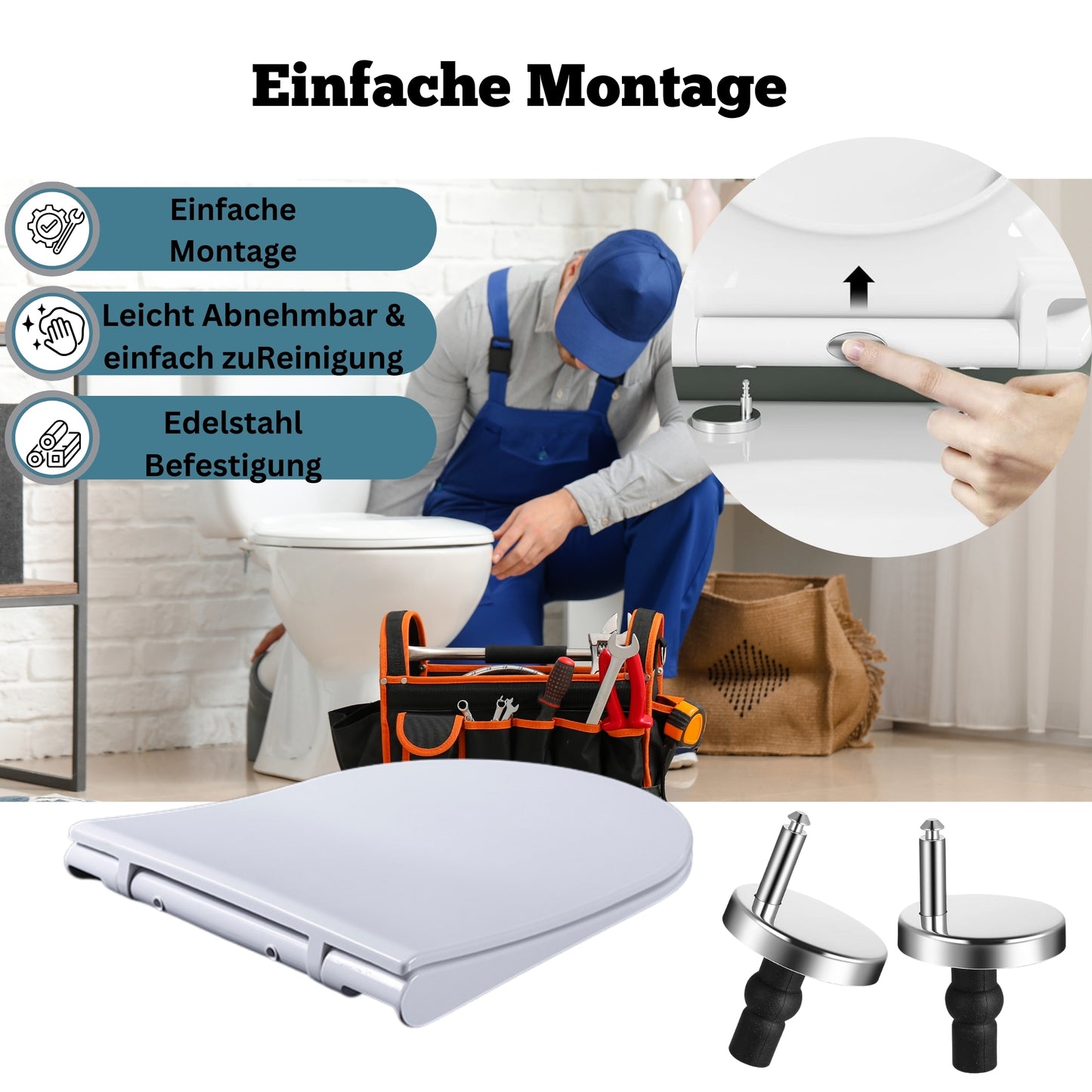 DIVID® Toilettendeckel, WC Sitz mit Absenkautomatik, Quick-Release Funktion, einfache Reinigung, Weiß, Toilettensitz mit verstellbaren Scharnieren, Kunststoff