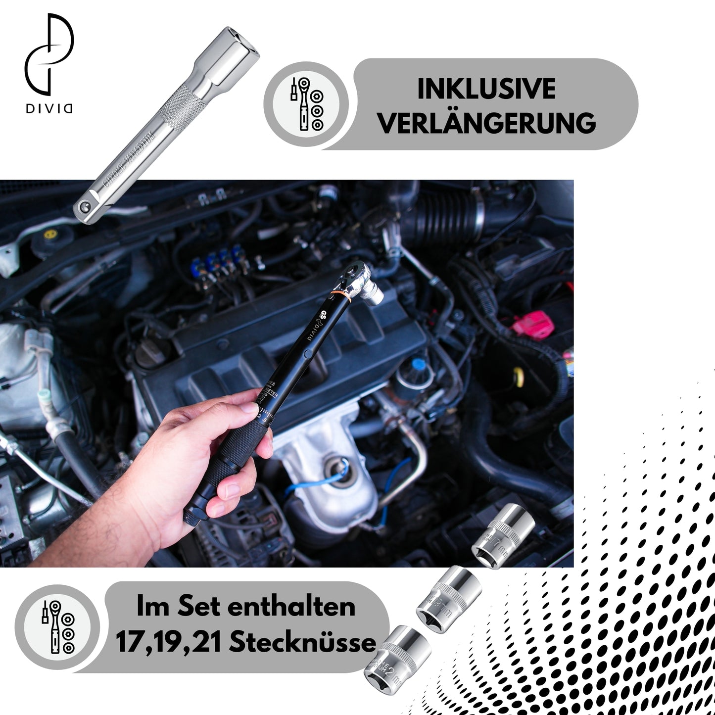 DIVID® Drehmomentschlüssel, 6-teiliges Set inkl Aufbewahrungsbox, inkl 3 Stecknüssen und Verlägerung, TÜV Süd GS 1/2" Zoll CrV