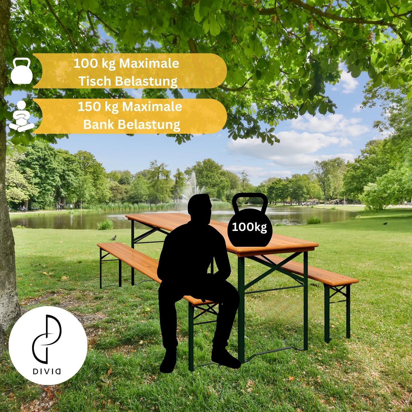 DIVID Bierzeltgarnitur Holz 3-teilges Set|Tisch + 2 Bänke|Für drinnen und draußen|klappbar mit Tragegriffe|HxBxT: 75x170x46cm|Gartentisch (DIV-203/ Holz)