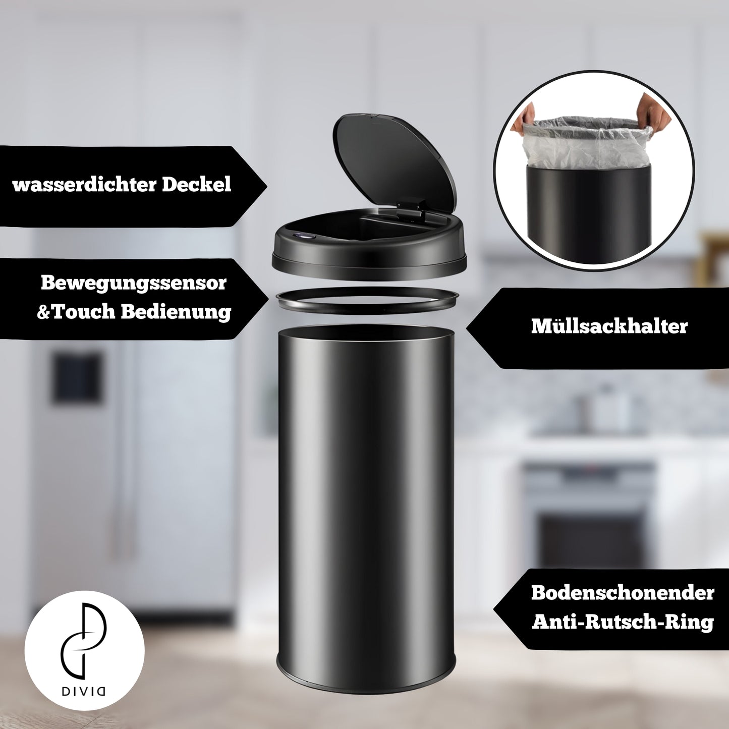 DIVID® Sensor Mülleimer Küche 30L, 40L & 50L | Elektrischer Abfallbehälter | Müllbeutel Klemmring | Bewegungserkennung | Automatisch schließender Deckel | Auslaufschutz | Küchenmülleimer