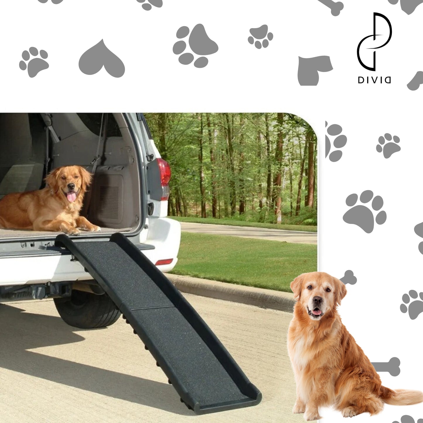 DIVID® Hunderampe Klappbar, Hundetreppe, Hundeautorampe, kofferraumrampe für Hunde und Katzen, bis zu 90 Kg Belastbarkeit, rutschfest und Stabil, Einstiegshilfe, Auto Besuche den DIVID-Store