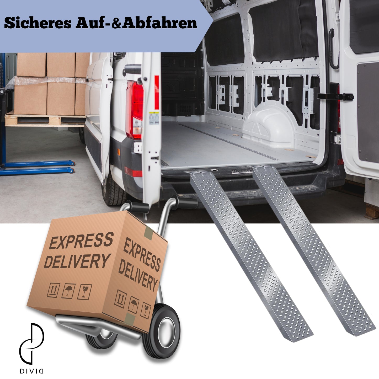 DIVID® 2X Auffahrrahrrampe| Laderampe| Verladeschienen| Verzinkter/Galvanisierter Stahl | Anti Rutsch| 200Kg je Schiene| Max 400Kg je Set| Mottorrad Auto Quad ATV