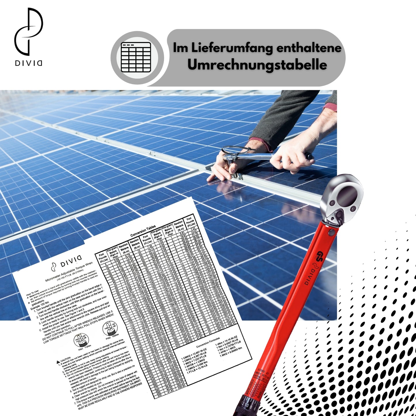 DIVID® Drehmomentschlüssel, 6-teiliges Set inkl Aufbewahrungsbox, inkl 3 Stecknüssen und Verlägerung, TÜV Süd GS 1/2" Zoll CrV