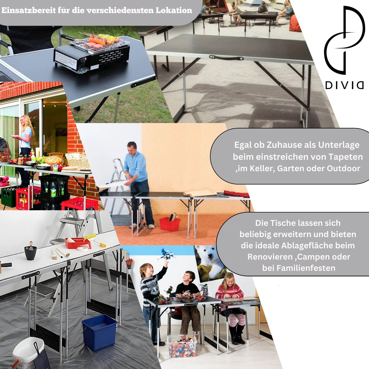 DIVID® Multifunktionstische, 100x60cm, Tapeziertisch 30 kg Tragkraft je Tisch, Klapptisch, Campingtisch, Flohmarkttisch, Beistelltisch, Mehrzwecktisch, Höhenverstellbar, Mahlertisch