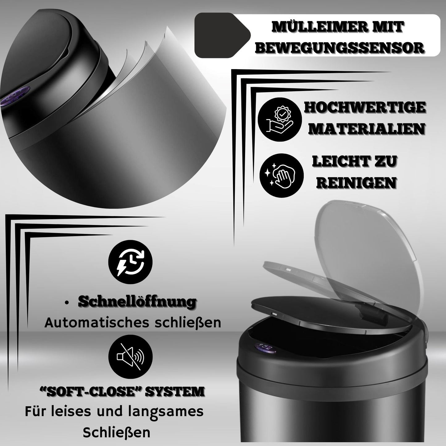 DIVID® Sensor Mülleimer Küche 30L, 40L & 50L | Elektrischer Abfallbehälter | Müllbeutel Klemmring | Bewegungserkennung | Automatisch schließender Deckel | Auslaufschutz | Küchenmülleimer