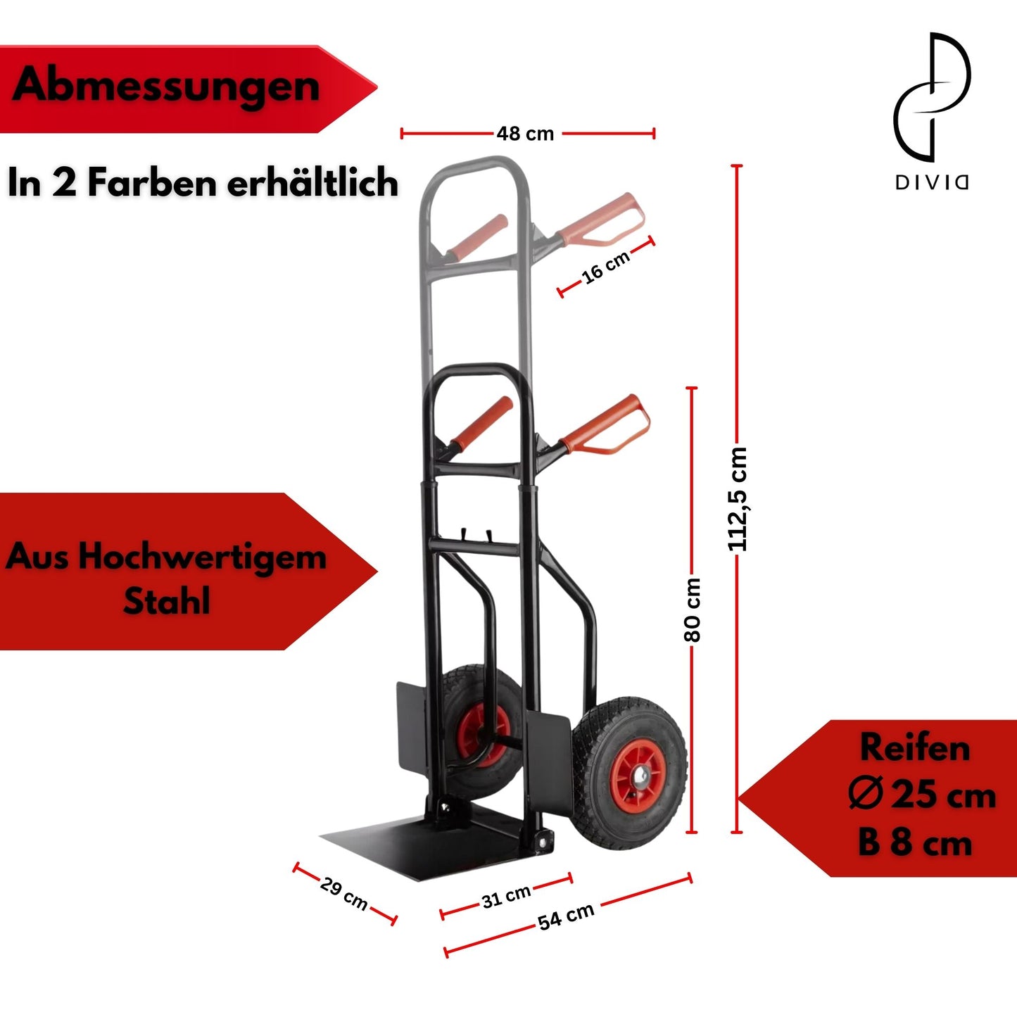 DIVID® Klappbare Sackkarre max. 200Kg, Stahl, ergonomisch Transporter für Umzüge, Lager und Einkäufe