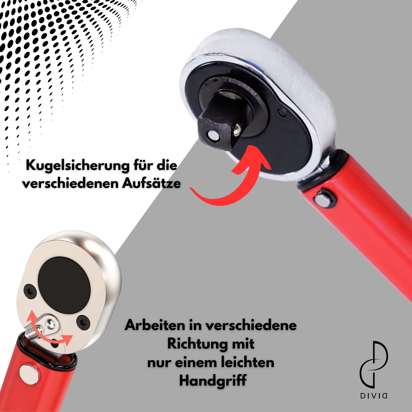 DIVID® Drehmomentschlüssel, 6-teiliges Set inkl Aufbewahrungsbox, inkl 3 Stecknüssen und Verlägerung, TÜV Süd GS 1/2" Zoll CrV
