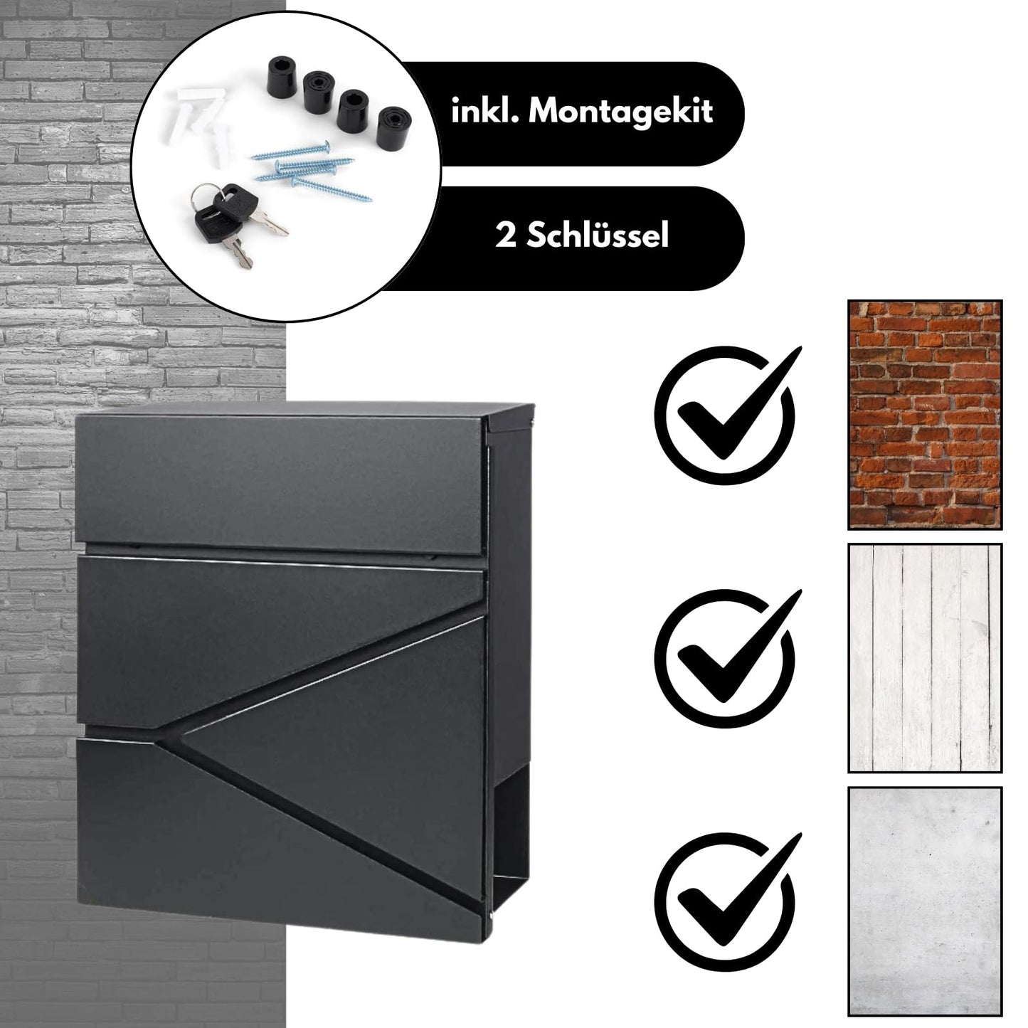 DIVID® Briefkasten (DIV-304) in Modernem Design| Wandmontage inkl Schrauben und Dübel | Wandbriefkasten inkl. 2 Schlüssel | Moderner Briefkasten zum abschließen | Edelstahl