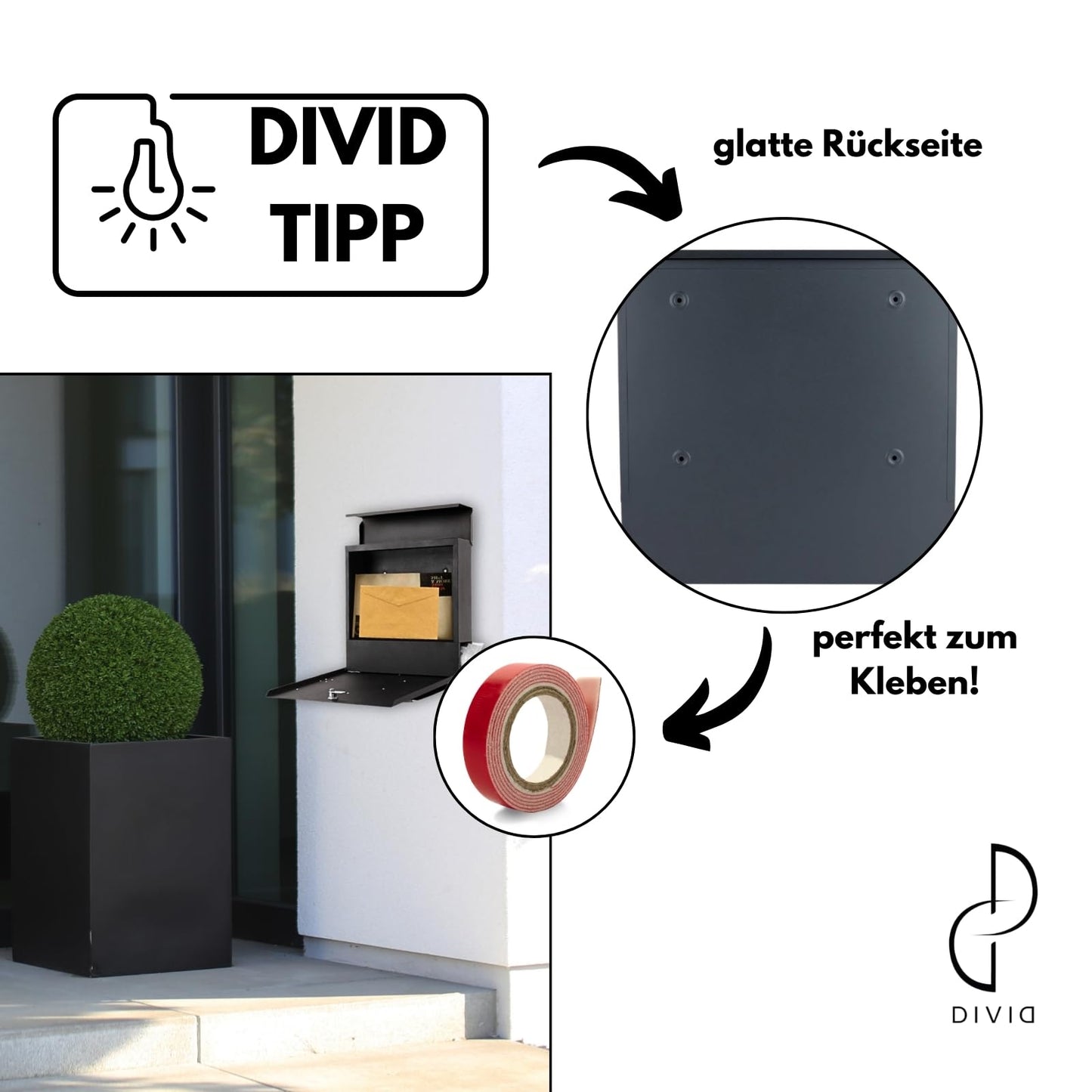 DIVID® Briefkasten (DIV-304) in Modernem Design| Wandmontage inkl Schrauben und Dübel | Wandbriefkasten inkl. 2 Schlüssel | Moderner Briefkasten zum abschließen | Edelstahl