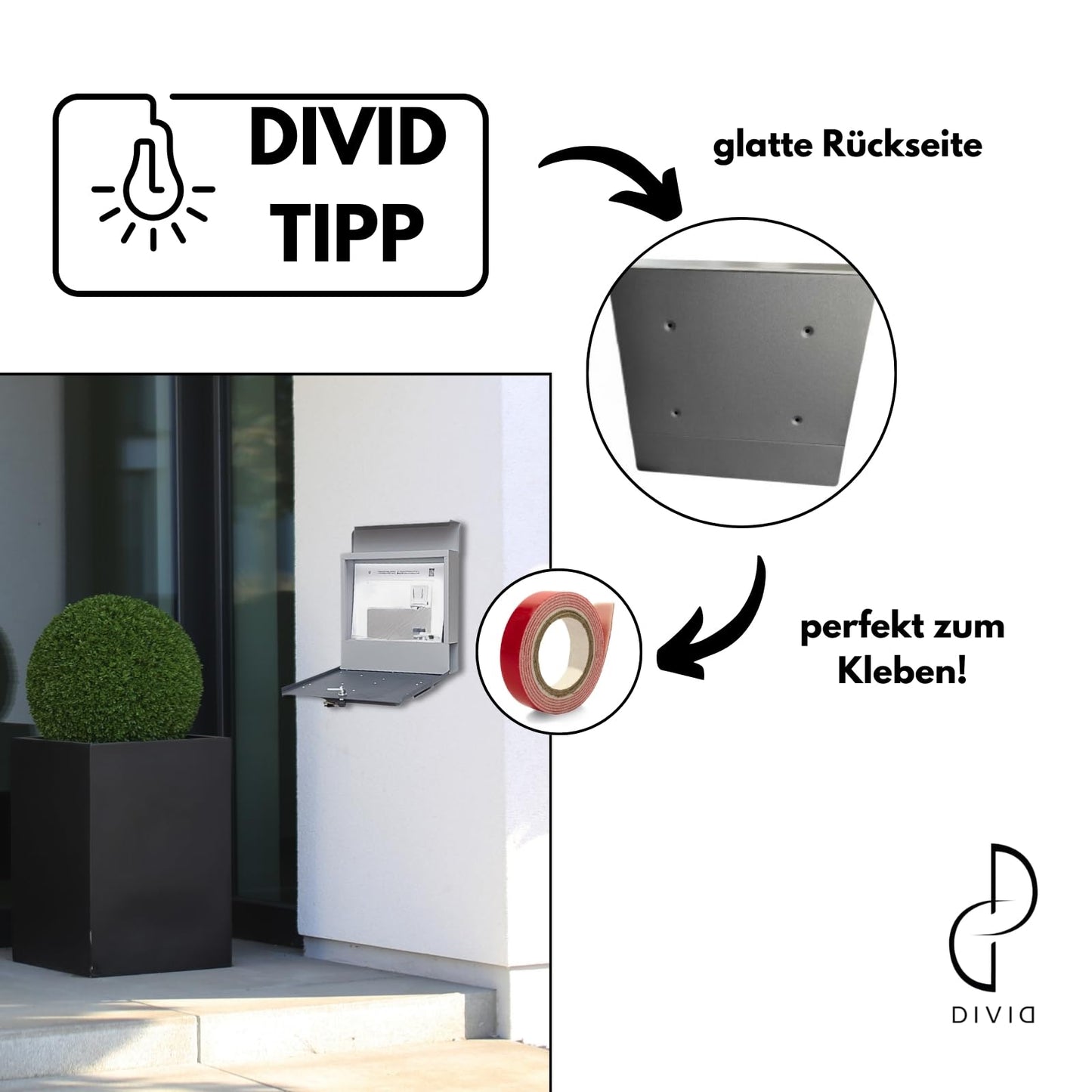 DIVID® Briefkasten (DIV-305) in Modernem Design| Wandmontage inkl Schrauben und Dübel | Wandbriefkasten inkl. 2 Schlüssel | Moderner Briefkasten zum abschließen | Edelstahl