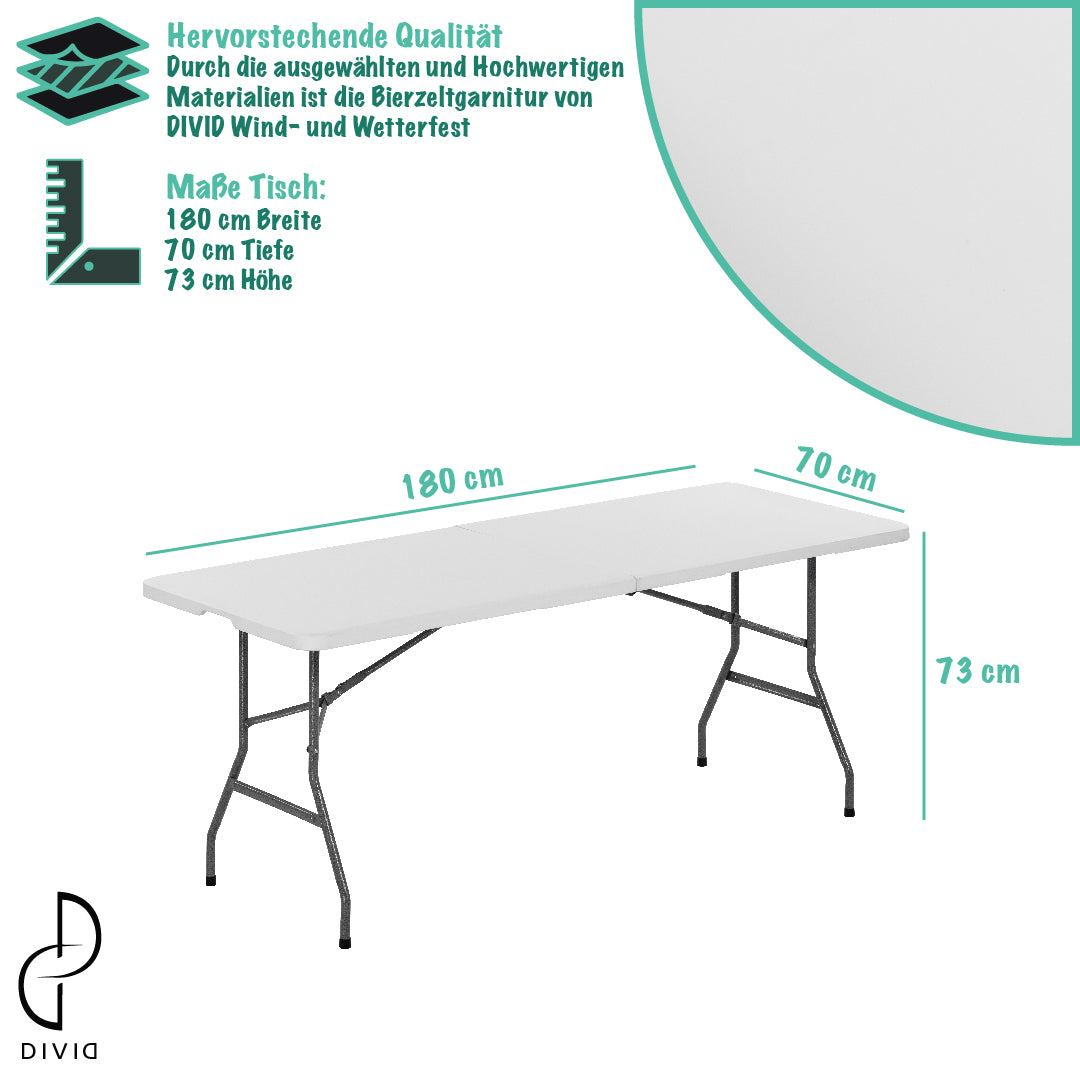 DIVID Bierzeltgarnitur 3-teilges Set|Tisch + 2 Bänke|Für drinnen und draußen|klappbar mit Tragegriffe|Gartentisch