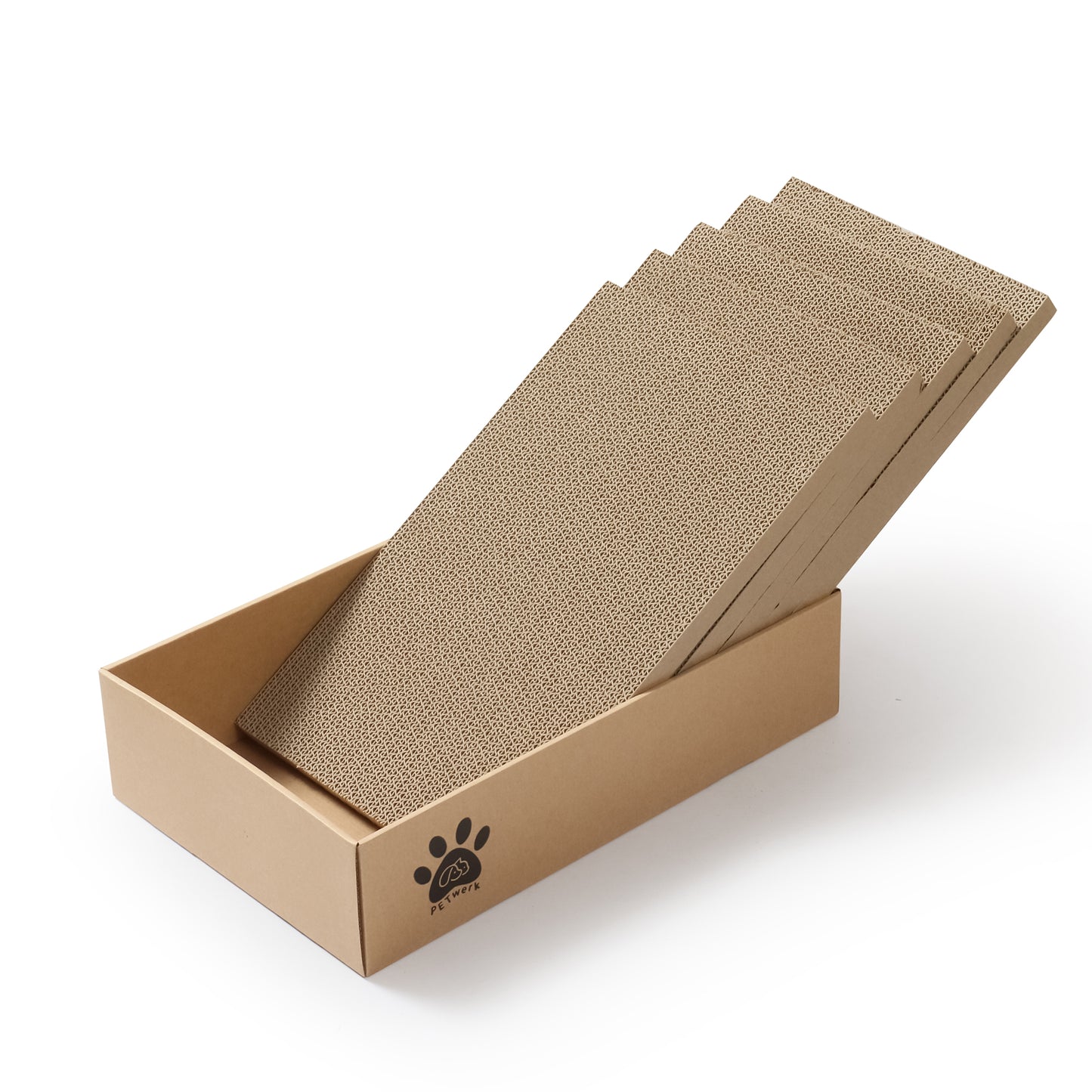 PETWERK® Katzenkratzpappe PANDOR Box mit 5 Kratzbrettern - Doppelseitige Kratzpappe für Katzen - Kratzbrett Katze zur Krallenpflege - Kratzbox - Kratz Karton - 28L x 10,5B x 44H cm