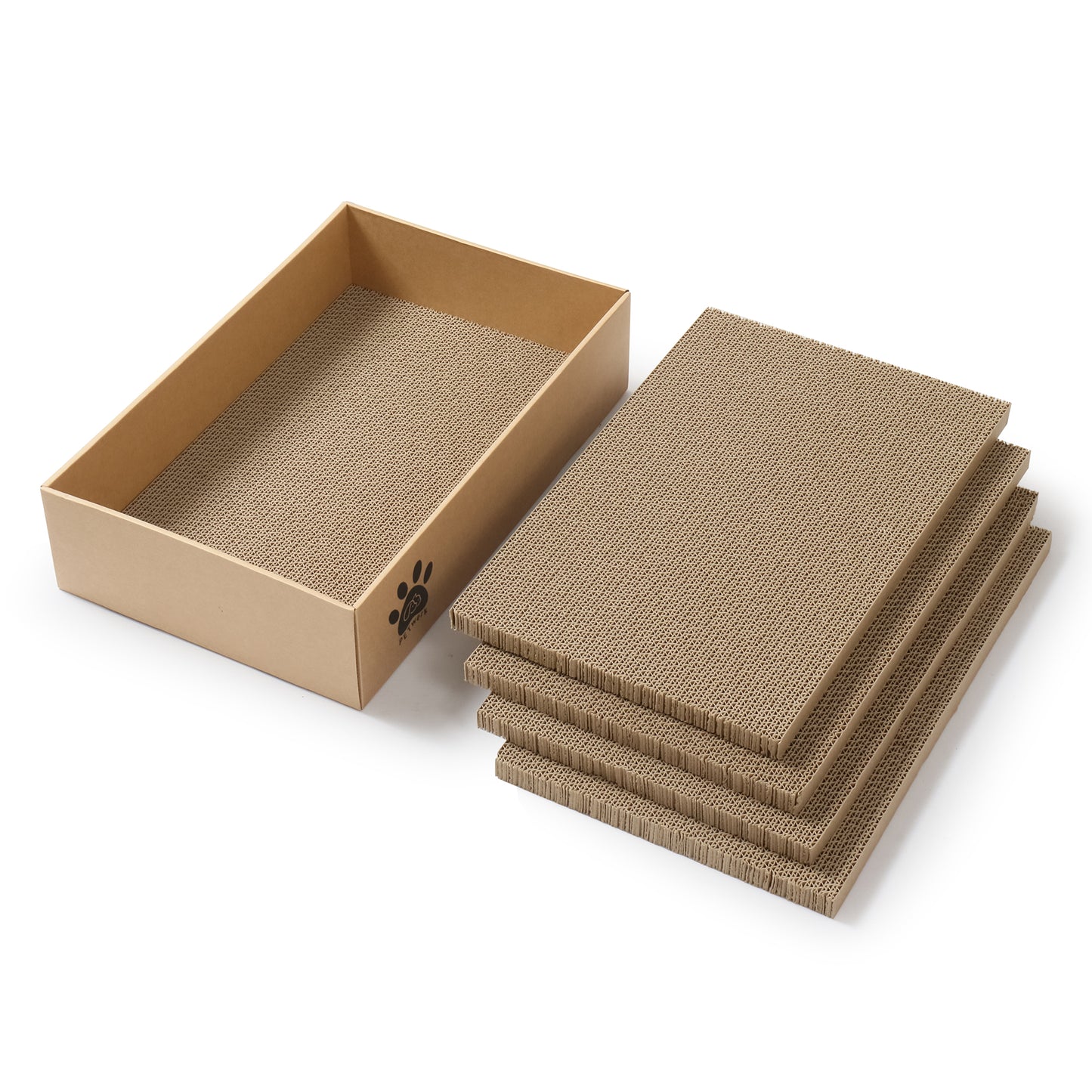 PETWERK® Katzenkratzpappe PANDOR Box mit 5 Kratzbrettern - Doppelseitige Kratzpappe für Katzen - Kratzbrett Katze zur Krallenpflege - Kratzbox - Kratz Karton - 28L x 10,5B x 44H cm