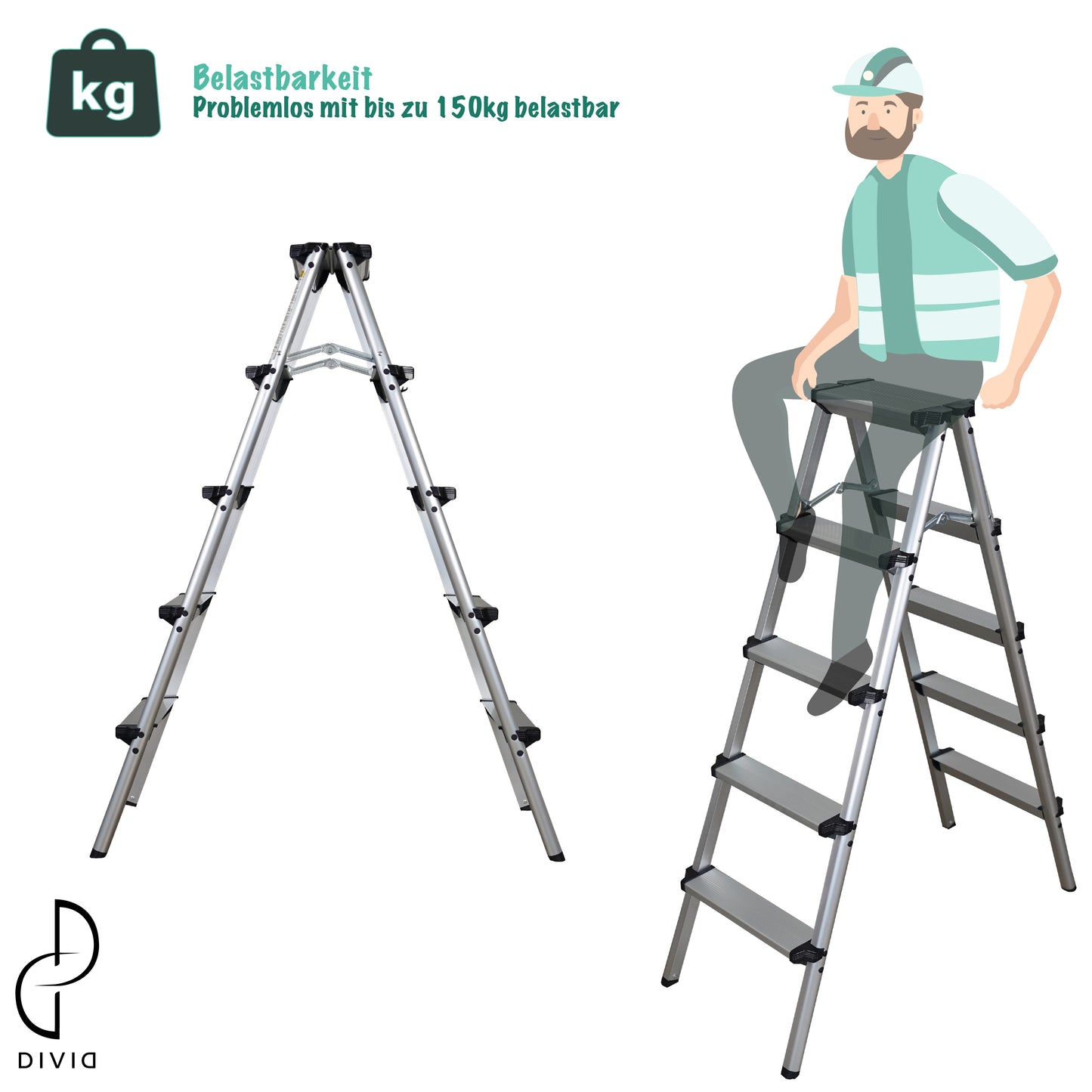 DIVID® Aluminum Klappleiter 2x3, 2x4 oder 2x5 Stufen | Trittleiter | Klappleiter | Mehrzweckleiter | Klappbar | Klapptrittleiter | (2x3)
