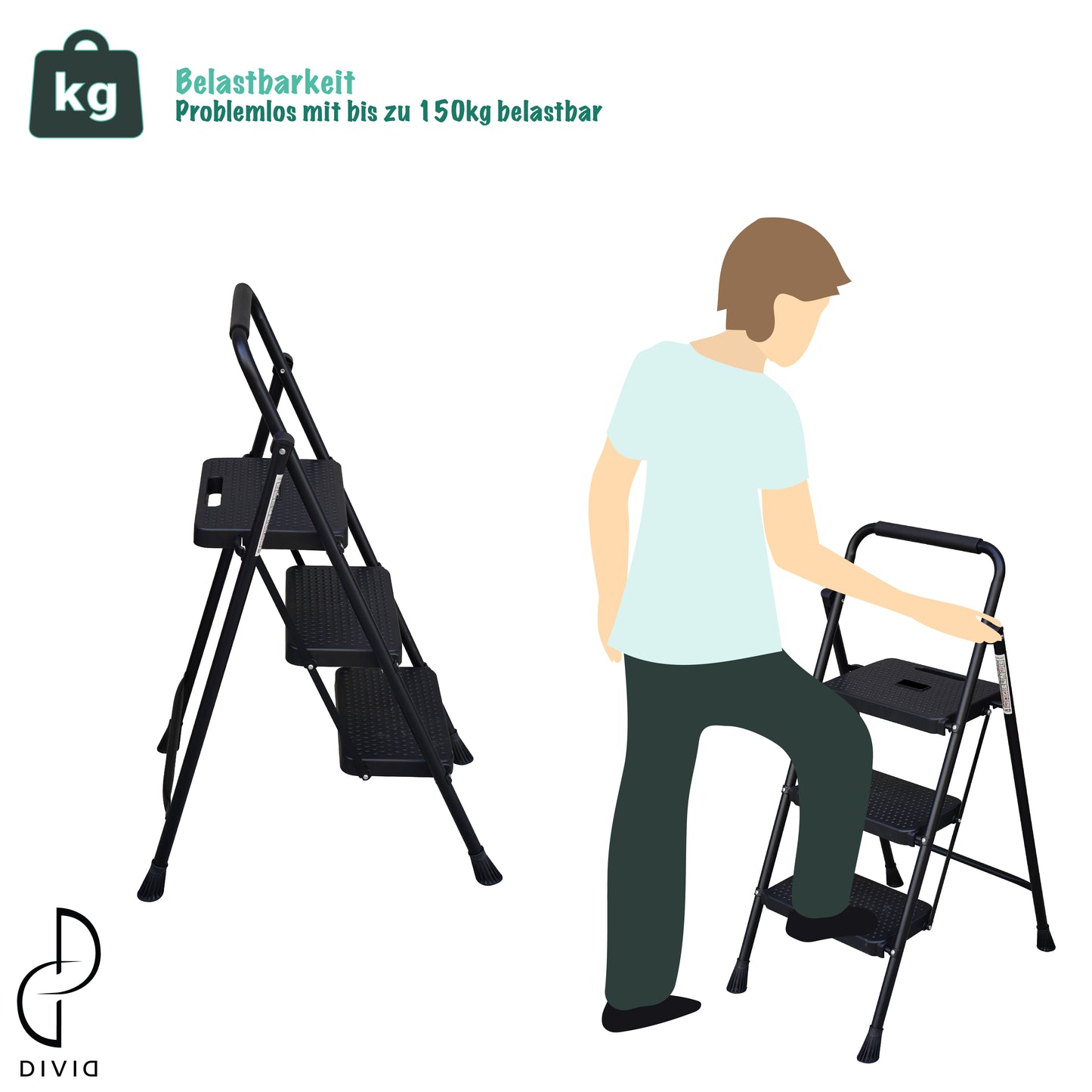 DIVID® 3 Stufen Trittleiter klappbar | Klapptritt faltbar | bis zu 150KG | Haushaltsleiter | kleine Leiter als Stehleiter | Klappleiter | Trittleiter | Aluleiter mit Anti-Rutsch | Tragegriff