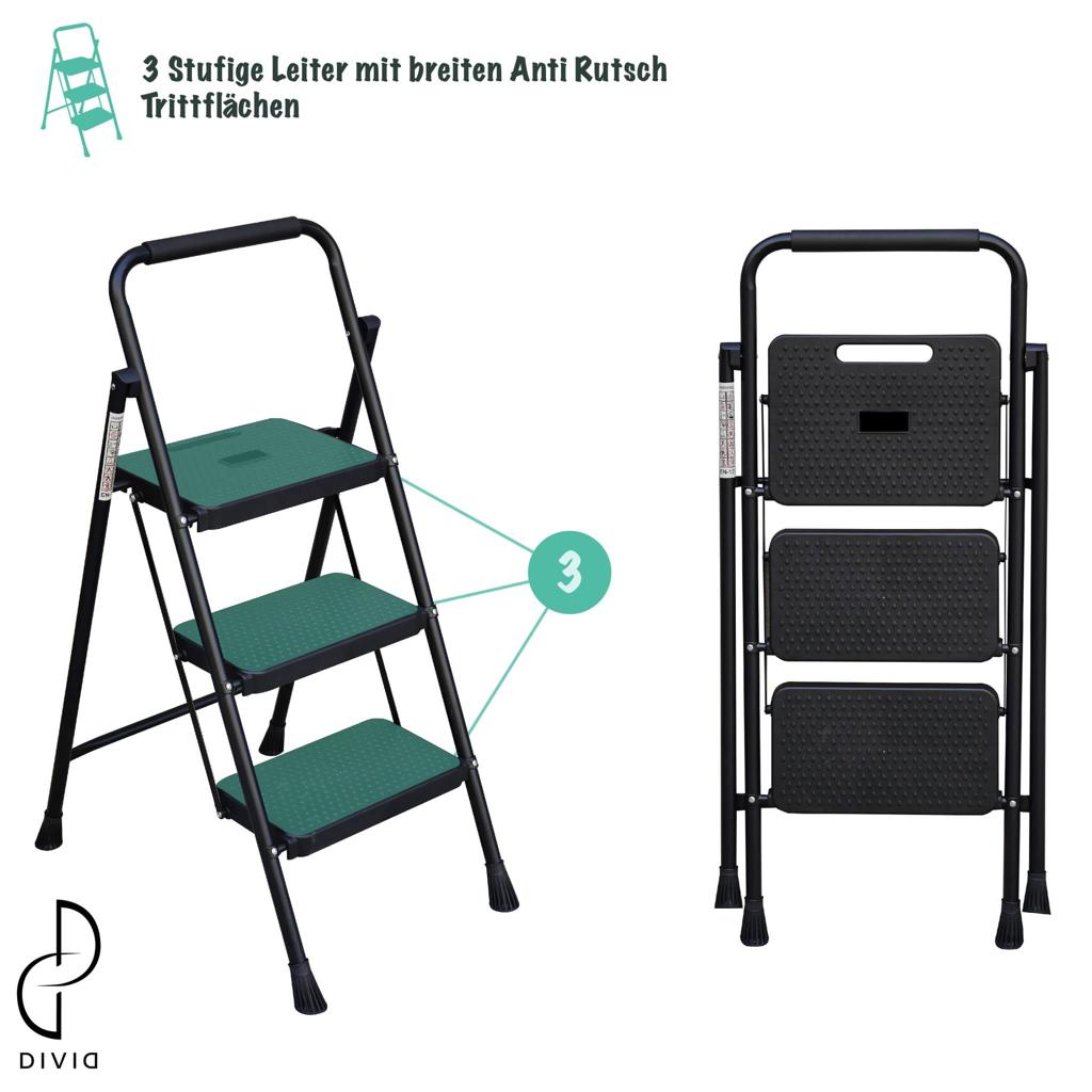 DIVID® 3 Stufen Trittleiter klappbar | Klapptritt faltbar | bis zu 150KG | Haushaltsleiter | kleine Leiter als Stehleiter | Klappleiter | Trittleiter | Aluleiter mit Anti-Rutsch | Tragegriff