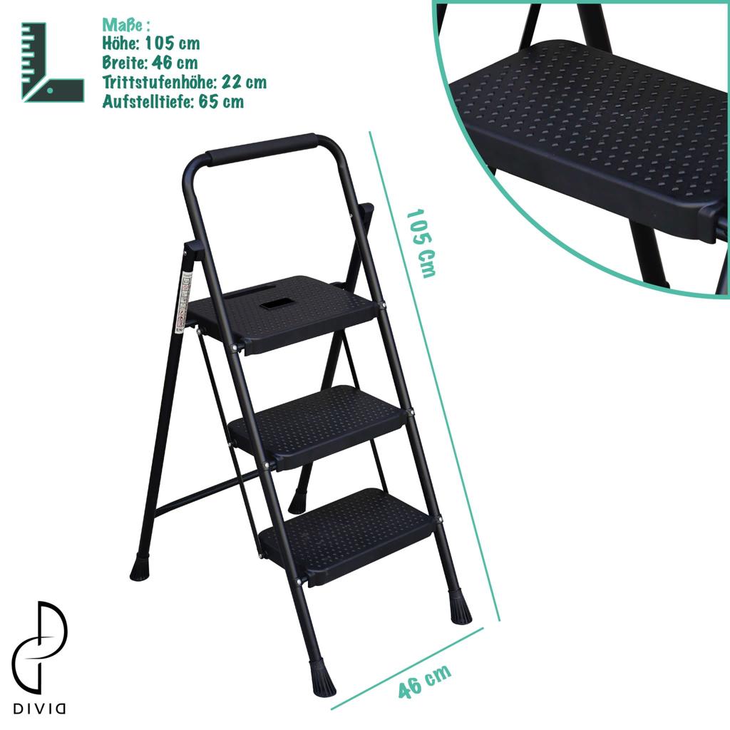 DIVID® 3 Stufen Trittleiter klappbar | Klapptritt faltbar | bis zu 150KG | Haushaltsleiter | kleine Leiter als Stehleiter | Klappleiter | Trittleiter | Aluleiter mit Anti-Rutsch | Tragegriff