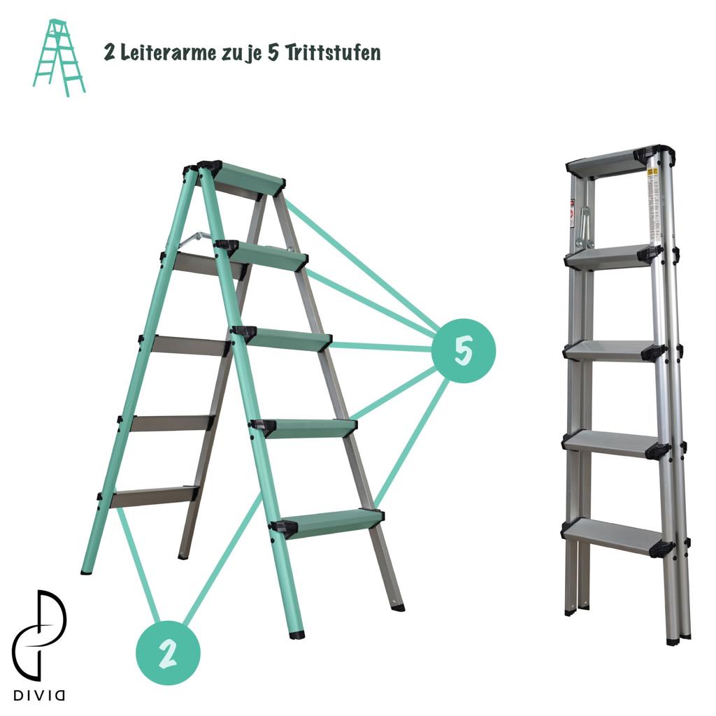 DIVID® Aluminum Klappleiter 2x3, 2x4 oder 2x5 Stufen | Trittleiter | Klappleiter | Mehrzweckleiter | Klappbar | Klapptrittleiter | (2x3)