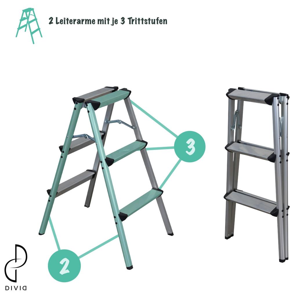 DIVID® Aluminum Klappleiter 2x3, 2x4 oder 2x5 Stufen | Trittleiter | Klappleiter | Mehrzweckleiter | Klappbar | Klapptrittleiter | (2x3)