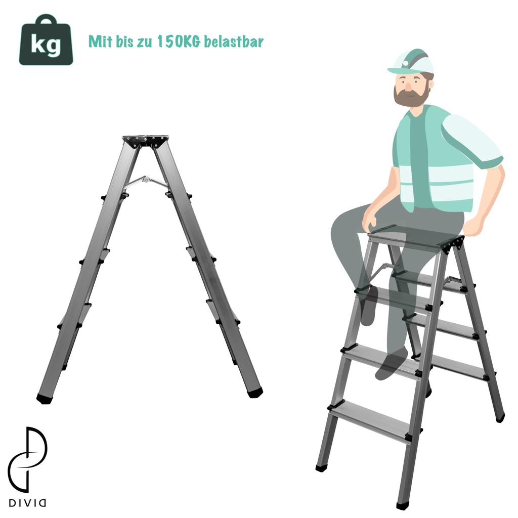 DIVID® Aluminum Klappleiter 2x3, 2x4 oder 2x5 Stufen | Trittleiter | Klappleiter | Mehrzweckleiter | Klappbar | Klapptrittleiter | (2x3)
