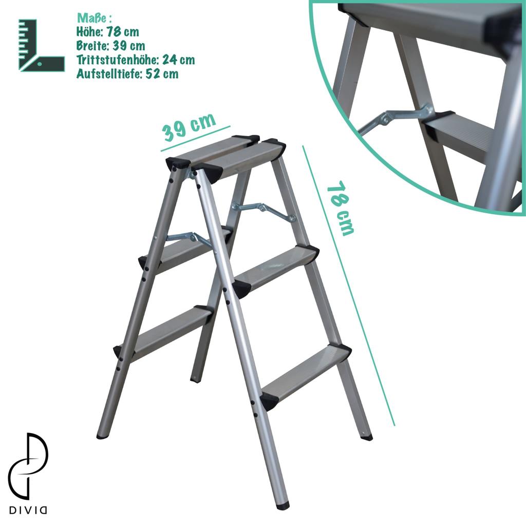 DIVID® Aluminum Klappleiter 2x3, 2x4 oder 2x5 Stufen | Trittleiter | Klappleiter | Mehrzweckleiter | Klappbar | Klapptrittleiter | (2x3)