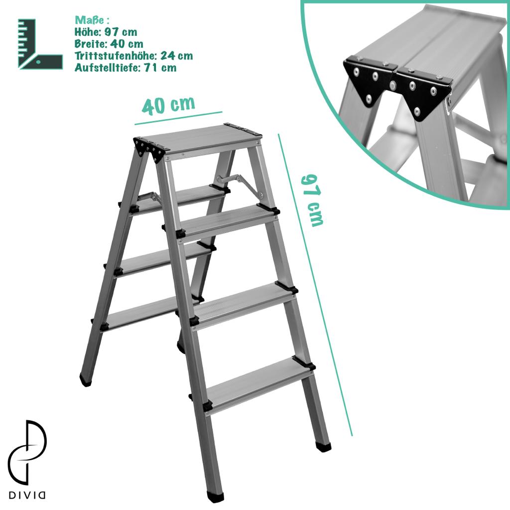 DIVID® Aluminum Klappleiter 2x3, 2x4 oder 2x5 Stufen | Trittleiter | Klappleiter | Mehrzweckleiter | Klappbar | Klapptrittleiter | (2x3)