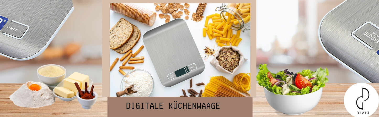 DIVID® Küchenwaage| Digitalwaage | Professionelle Digitalwaage 0,001kg - 10KG | Multifuktionswaage mit LCD Display und Tara Funktion | Briefwaage mit großer Edelstahlwiegfläche Flüssigkeitsmessung |