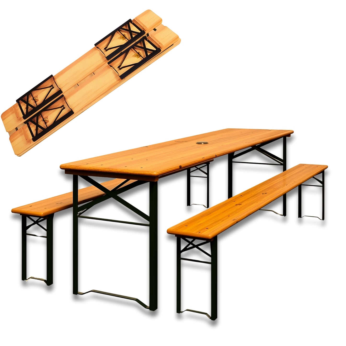 DIVID Bierzeltgarnitur Holz 3-teilges Set|Tisch + 2 Bänke|Für drinnen und draußen|klappbar mit Tragegriffe|HxBxT: 75x170x46cm|Gartentisch (DIV-203/ Holz)