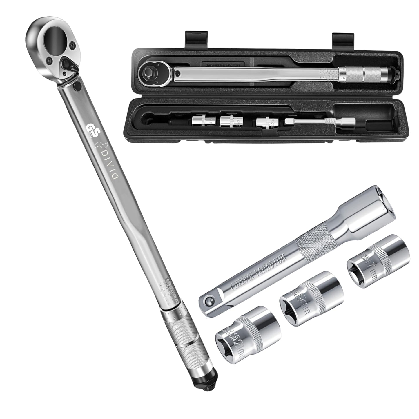 DIVID® Drehmomentschlüssel, 6-teiliges Set inkl Aufbewahrungsbox, inkl 3 Stecknüssen und Verlägerung, TÜV Süd GS 1/2" Zoll CrV