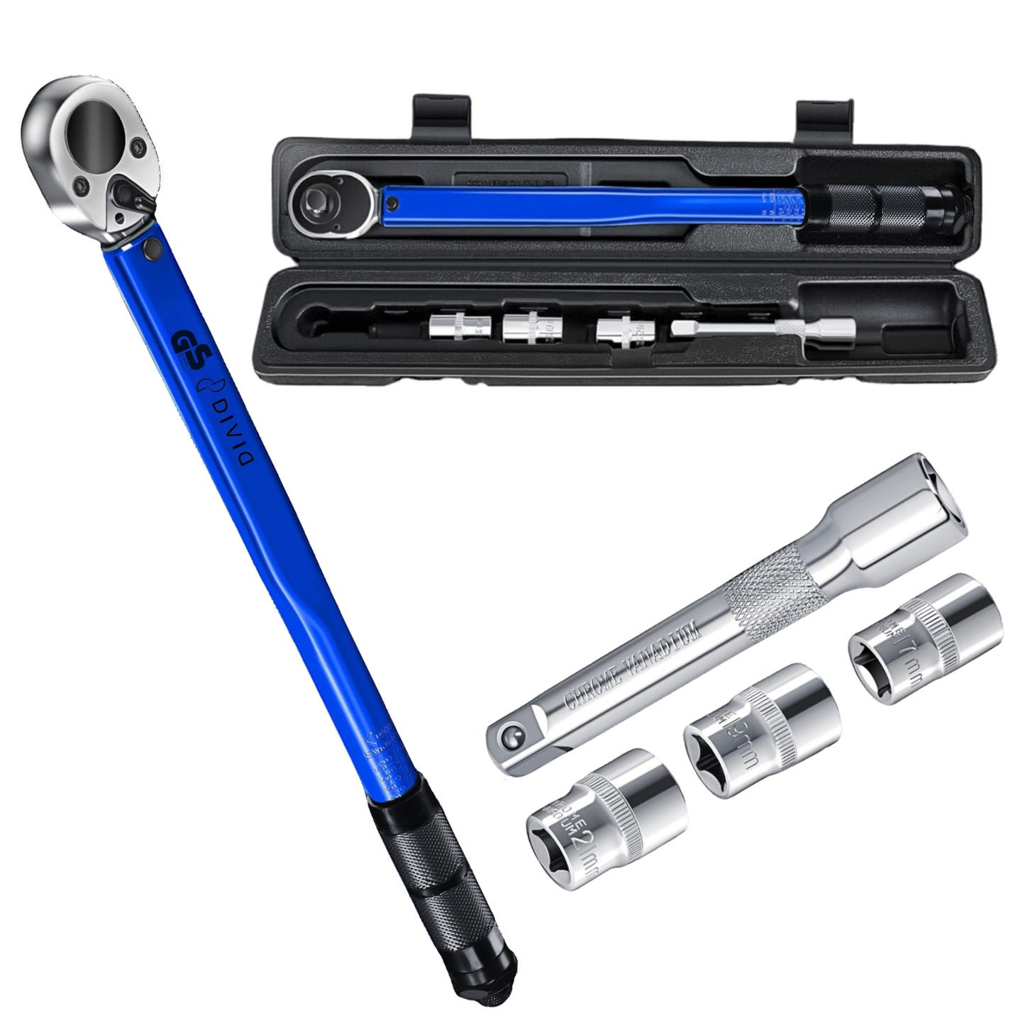 DIVID® Drehmomentschlüssel, 6-teiliges Set inkl Aufbewahrungsbox, inkl 3 Stecknüssen und Verlägerung, TÜV Süd GS 1/2" Zoll CrV