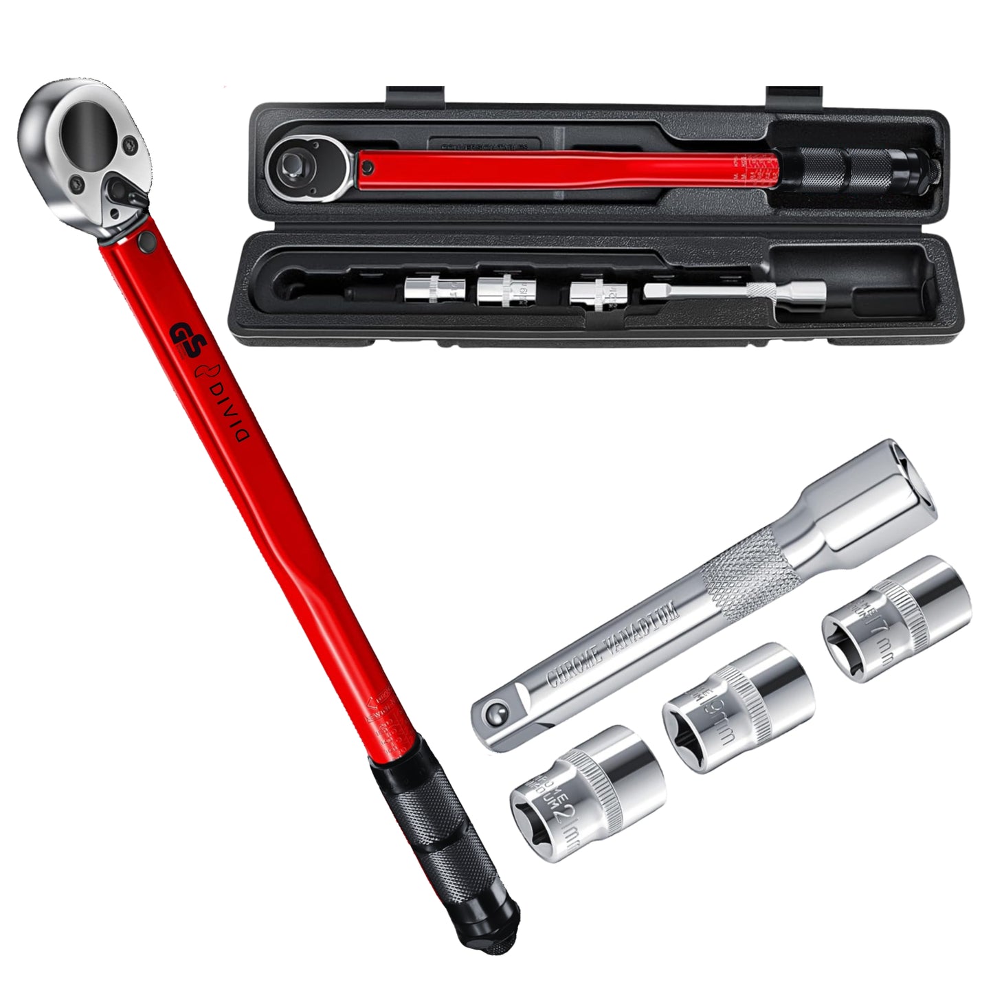 DIVID® Drehmomentschlüssel, 6-teiliges Set inkl Aufbewahrungsbox, inkl 3 Stecknüssen und Verlägerung, TÜV Süd GS 1/2" Zoll CrV