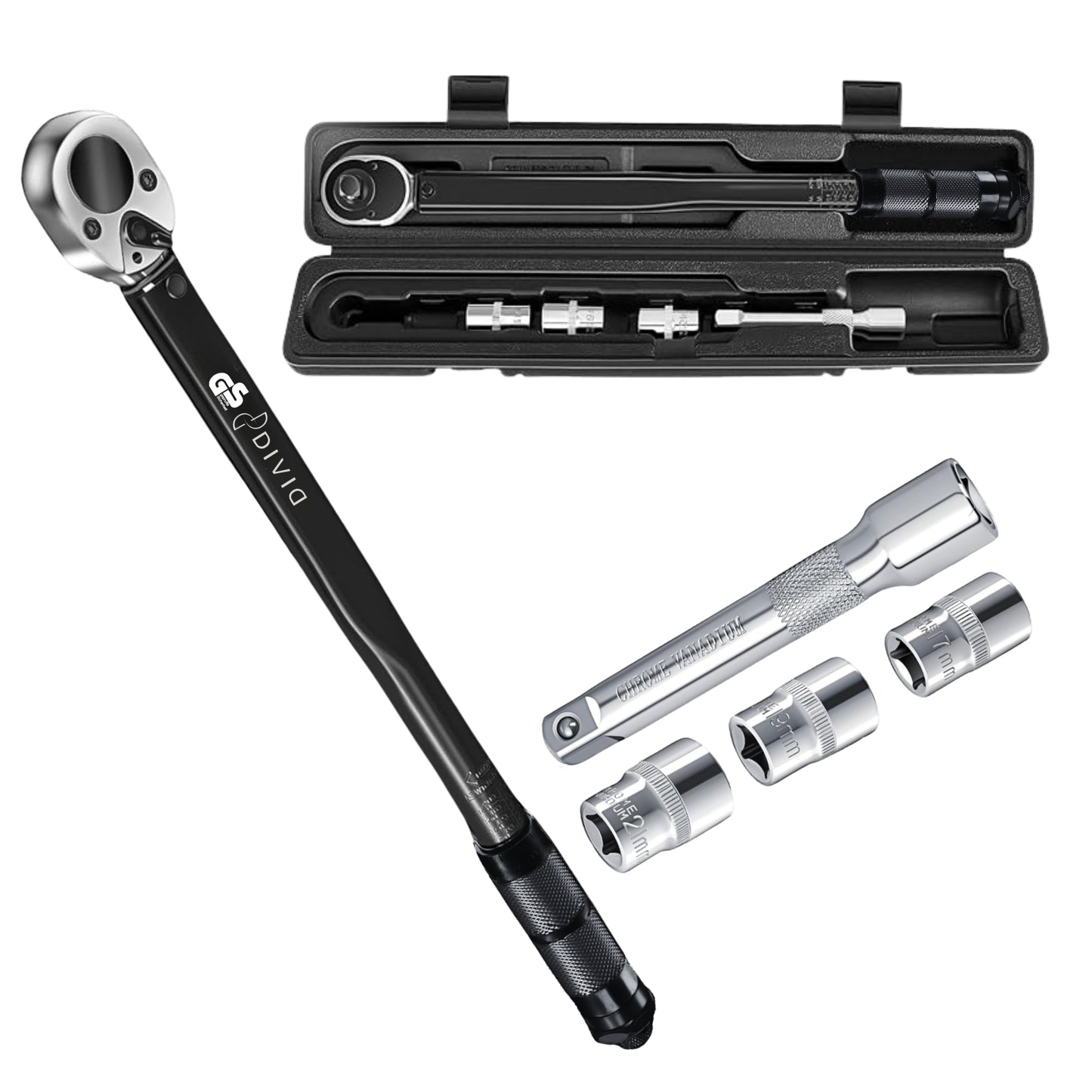 DIVID® Drehmomentschlüssel, 6-teiliges Set inkl Aufbewahrungsbox, inkl 3 Stecknüssen und Verlägerung, TÜV Süd GS 1/2" Zoll CrV