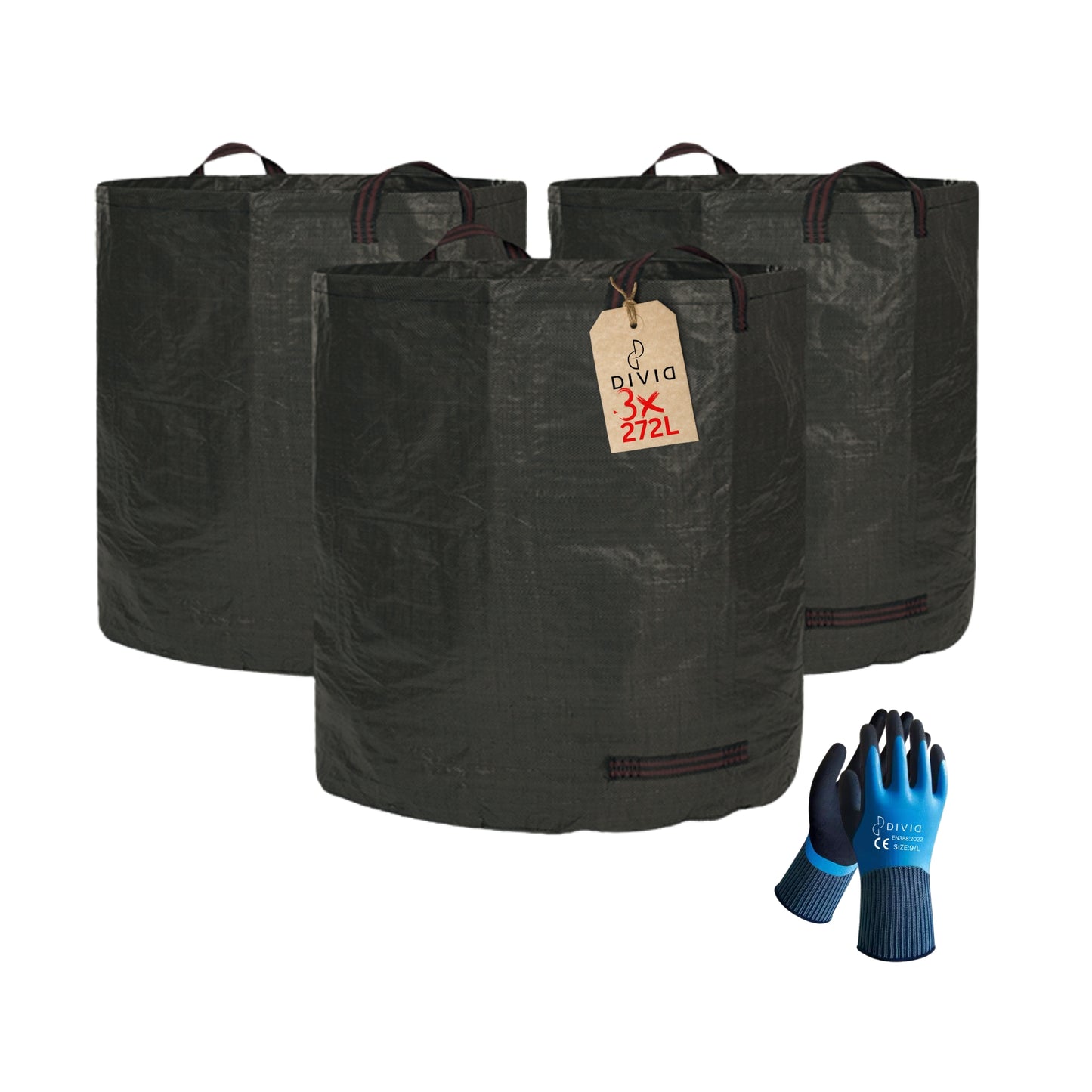 DIVID® Gartensäcke mit Trageschlaufen |Gartensack 3x 272L Set Laubsack Gartenabfallsack - Selbststehend 4 Griffe Stabil Robust & Faltbar - Rasenschnitt für Gartenabfälle Grünschnitt Laubabfall